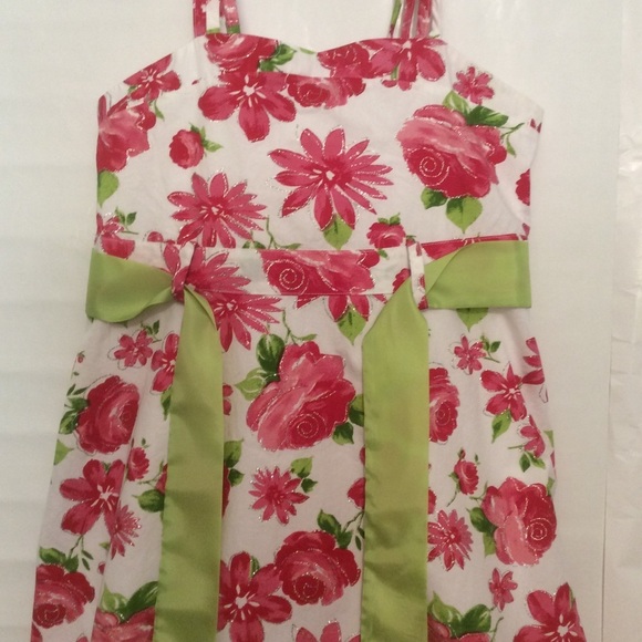 Bonnie Jean Fit and Flare Floral T-Strap Sundress Pink Green White Flowers 14 - Picture 7 of 8